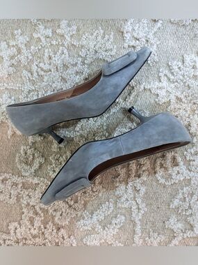 Bibi Lou Anthropologie Slip On Suede Blue Grey Suede Loafer Classic Kitten Heels